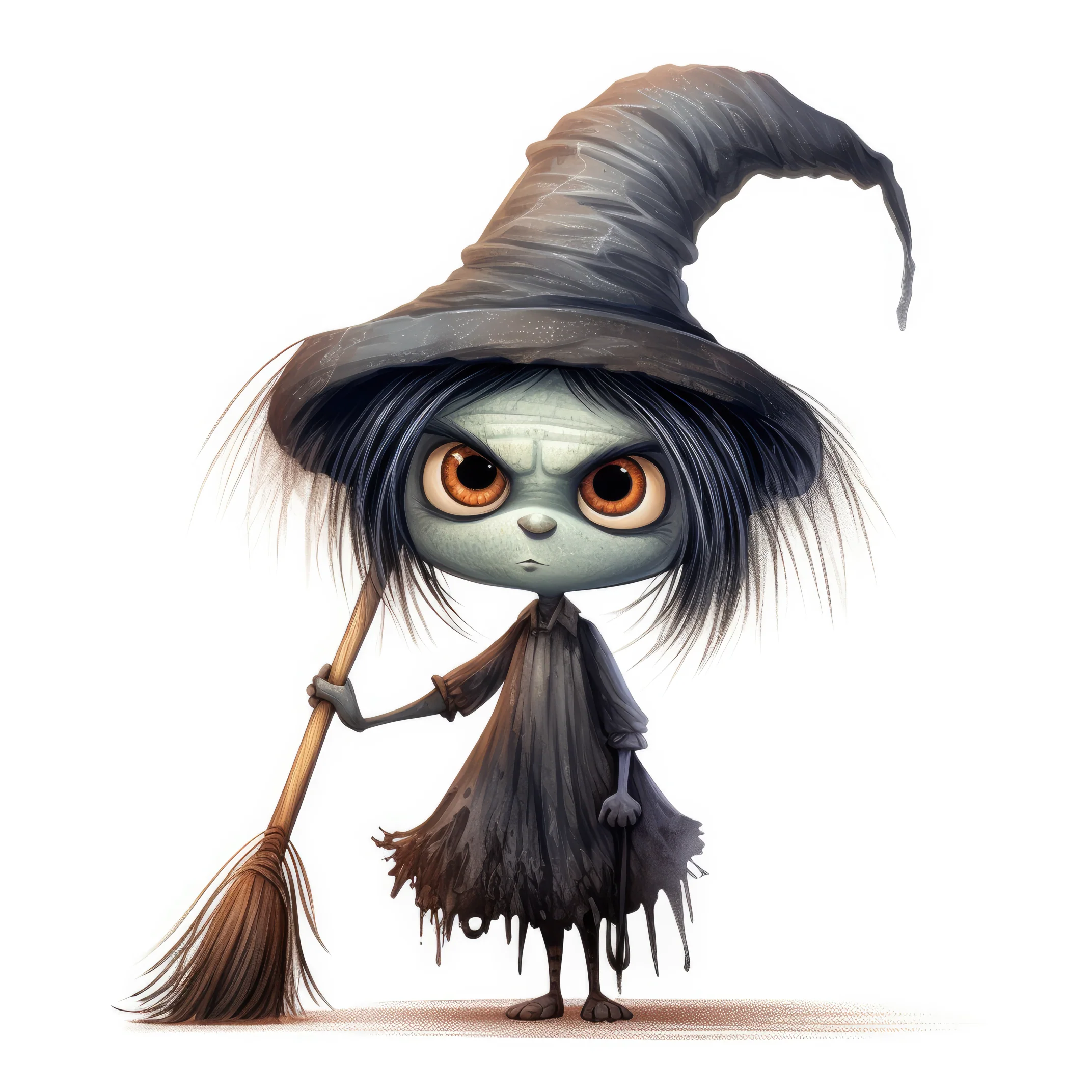 An ugly witch with a long nose is angry holding a broom 2 (paitakuva)
