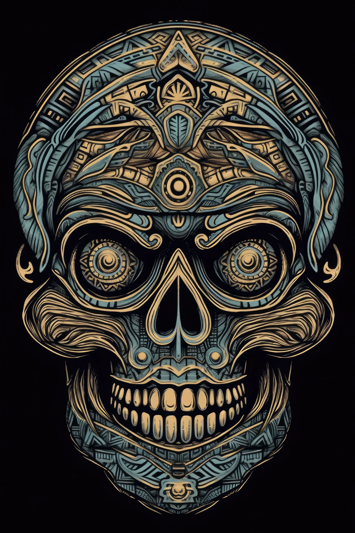 T-PAITA MUSTA - Cartoon Tribal markings skull - Image 2