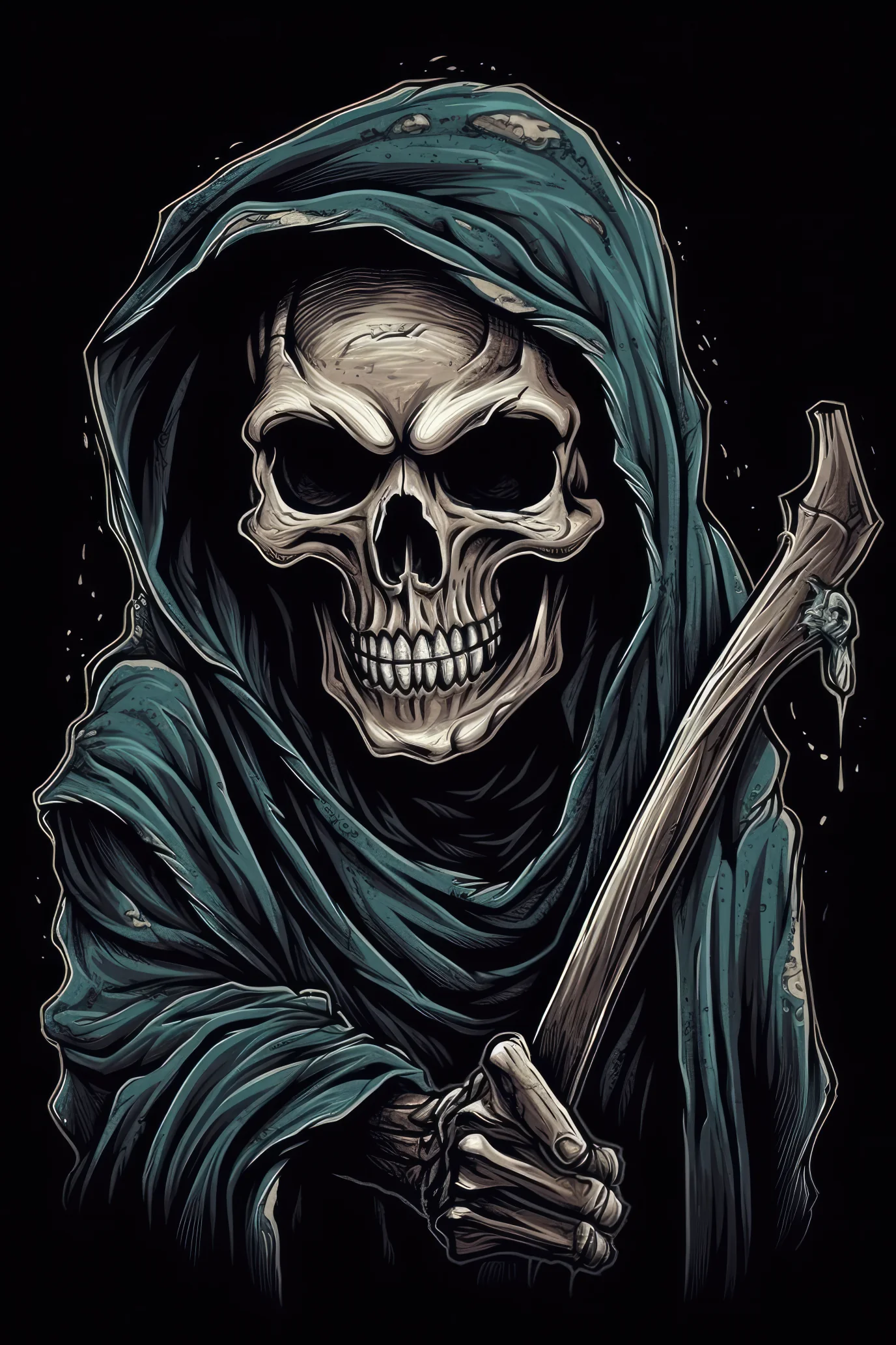 T-PAITA MUSTA - Cartoon Grim Reaper skull (3074) - Image 2