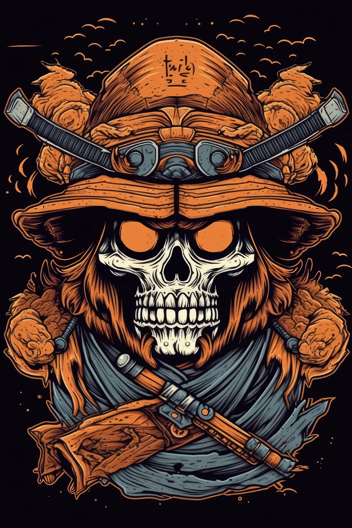 T-PAITA MUSTA - Cartoon Samurai skull - Image 2